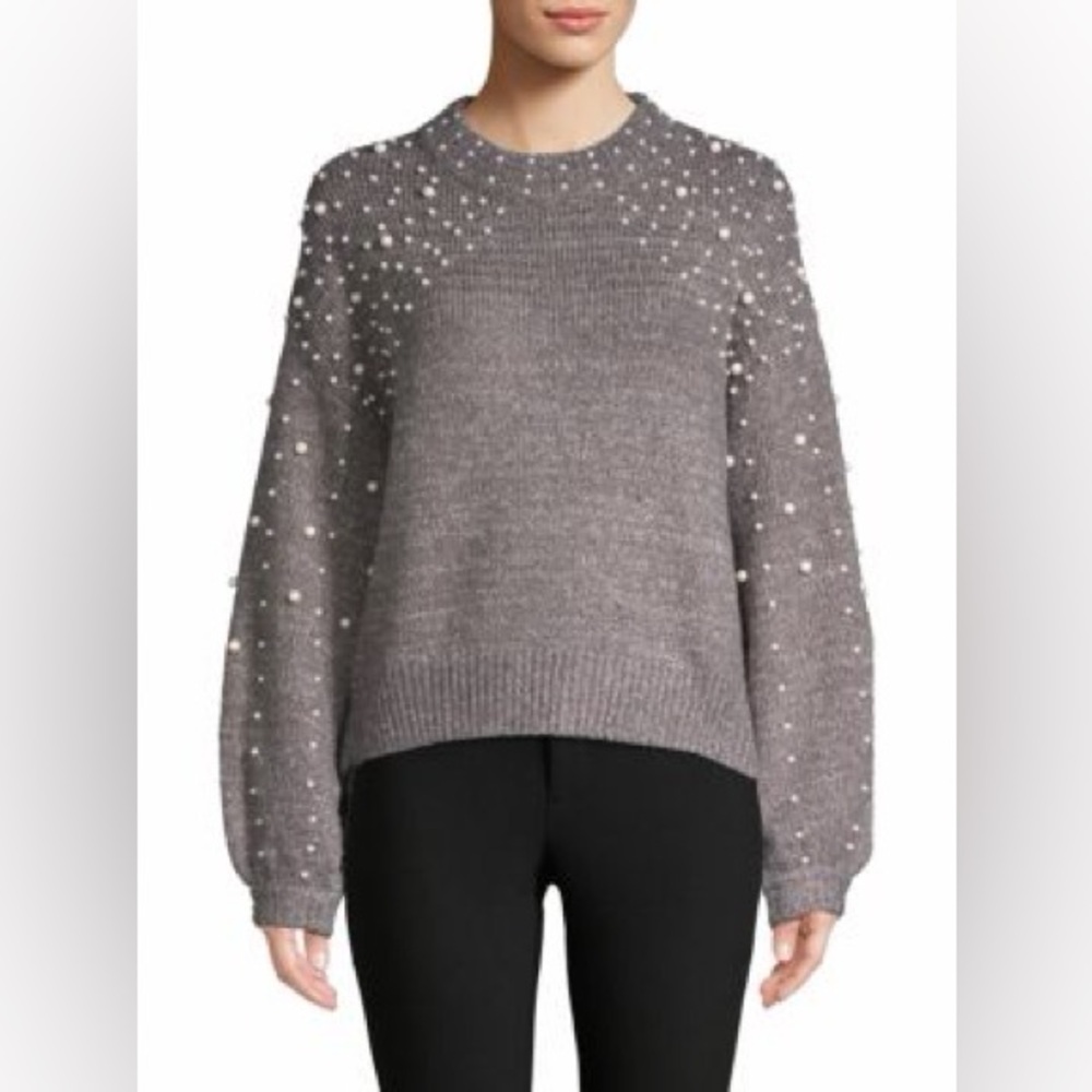 Cliche Mock Neck Grey Sweater Pearl Embellished Knit Pullover Womens Large L